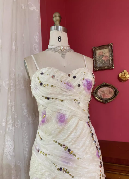 Sweet White & Pink Spaghetti Strap Rhinestone Pleated Tulle Long Prom Dress Evening Dress P4720