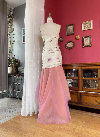 Sweet White & Pink Spaghetti Strap Rhinestone Pleated Tulle Long Prom Dress Evening Dress P4720