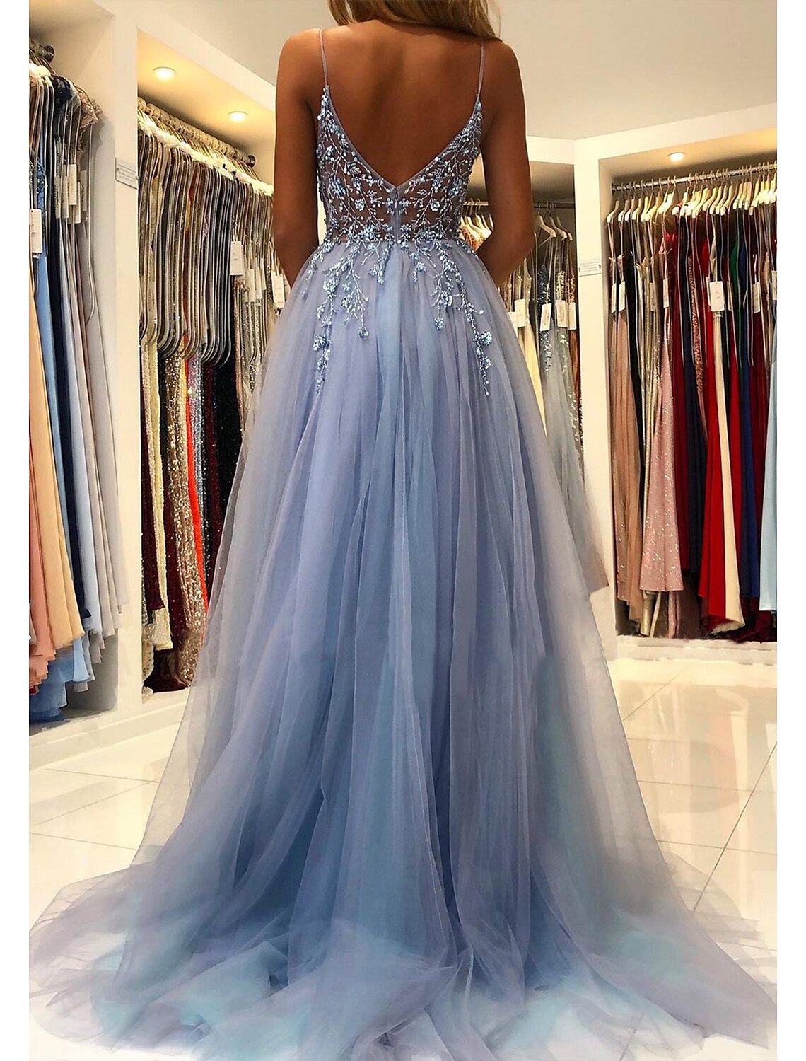 omberprom A-Line Prom Dresses Evening Gowns Dress Formal Wear Dresses Wedding Guest Court Train Sleeveless V Neck Tulle with Beading