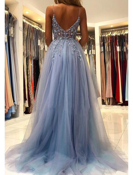 omberprom A-Line Prom Dresses Evening Gowns Dress Formal Wear Dresses Wedding Guest Court Train Sleeveless V Neck Tulle with Beading