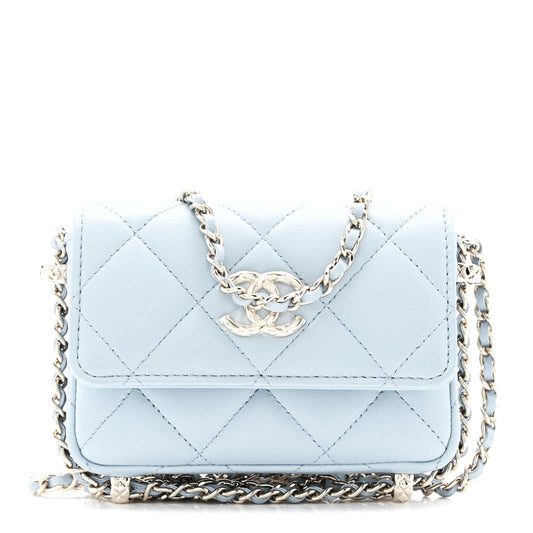 Lambskin Quilted Chain Around Coin Purse With Chain Light Blue