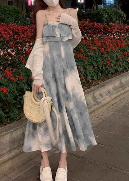 Fairy retro style ruffled one-shoulder sling dress new Chinese style ink-dyed dress R1706