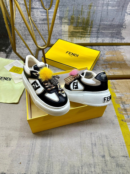 Fendi Match Lace-up Sneakers Black White Sheepskin 575414