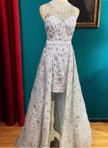 Elegant Silver Halter Sequin High-Low Tulle Prom Dress Evening Dress P4724