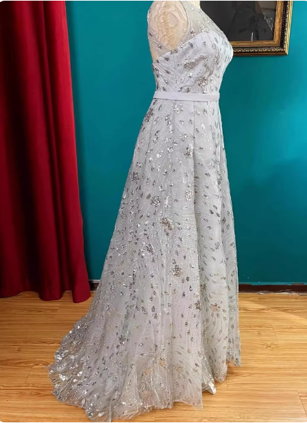 Elegant Silver Halter Sequin High-Low Tulle Prom Dress Evening Dress P4724