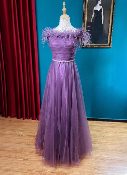 Gorgeous Deep Purple Strapless A-Line Feather Pleated Tulle Long Prom Dress Evening Dress P4725