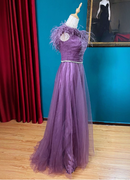Gorgeous Deep Purple Strapless A-Line Feather Pleated Tulle Long Prom Dress Evening Dress P4725