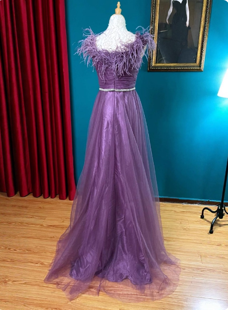 Gorgeous Deep Purple Strapless A-Line Feather Pleated Tulle Long Prom Dress Evening Dress P4725