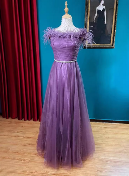 Gorgeous Deep Purple Strapless A-Line Feather Pleated Tulle Long Prom Dress Evening Dress P4725
