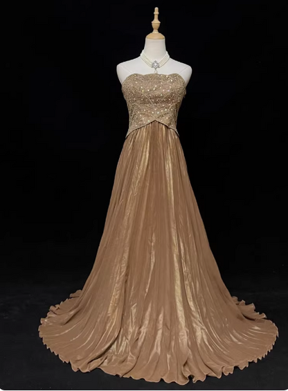 Elegant Champagne Gold Strapless A-Line Beaded Sequin Pleated Satin Train Prom Dress Evening Dress P4726
