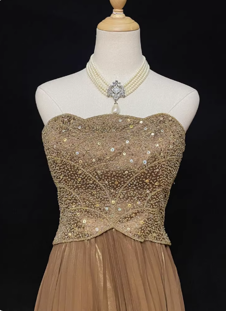 Elegant Champagne Gold Strapless A-Line Beaded Sequin Pleated Satin Train Prom Dress Evening Dress P4726