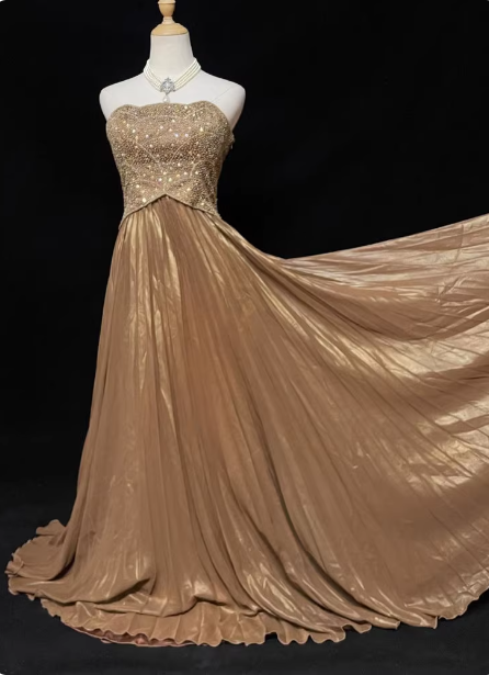 Elegant Champagne Gold Strapless A-Line Beaded Sequin Pleated Satin Train Prom Dress Evening Dress P4726