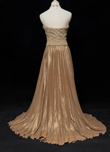 Elegant Champagne Gold Strapless A-Line Beaded Sequin Pleated Satin Train Prom Dress Evening Dress P4726