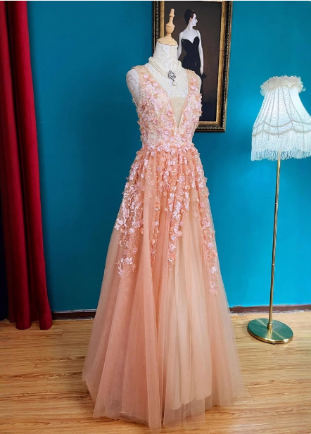 Sweet Pink V-Neck A-Line 3D Floral Tulle Long Prom Dress Evening Dress P4727