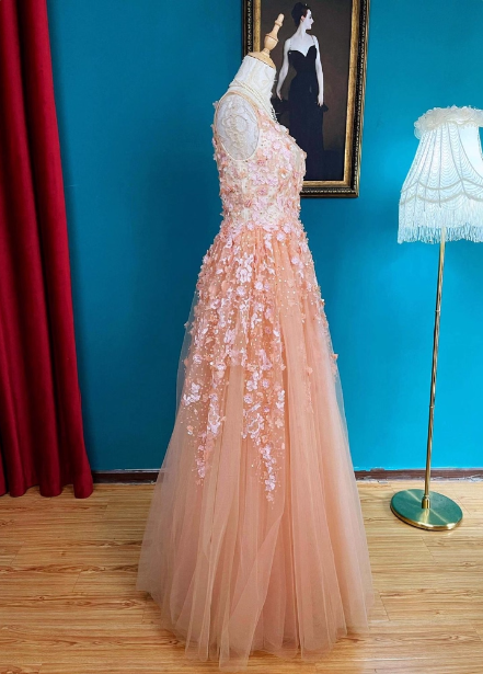 Sweet Pink V-Neck A-Line 3D Floral Tulle Long Prom Dress Evening Dress P4727