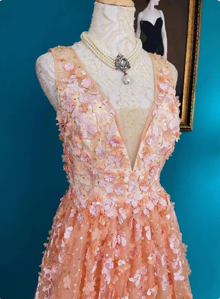 Sweet Pink V-Neck A-Line 3D Floral Tulle Long Prom Dress Evening Dress P4727