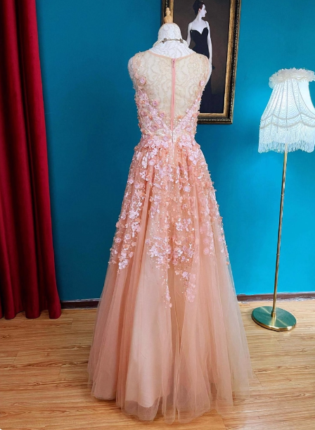 Sweet Pink V-Neck A-Line 3D Floral Tulle Long Prom Dress Evening Dress P4727
