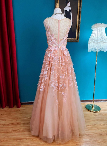 Sweet Pink V-Neck A-Line 3D Floral Tulle Long Prom Dress Evening Dress P4727