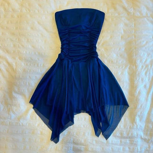Blue tube top waist simple slim fit irregular skirt short skirt homecoming dress R2688