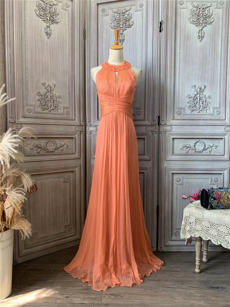 Classic Coral Orange Halter A-Line Crisscross Waist Pleated Chiffon Long Prom Dress Evening Dress P4729