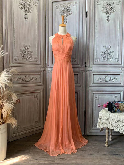 Classic Coral Orange Halter A-Line Crisscross Waist Pleated Chiffon Long Prom Dress Evening Dress P4729