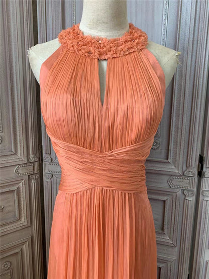 Classic Coral Orange Halter A-Line Crisscross Waist Pleated Chiffon Long Prom Dress Evening Dress P4729