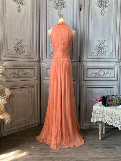 Classic Coral Orange Halter A-Line Crisscross Waist Pleated Chiffon Long Prom Dress Evening Dress P4729