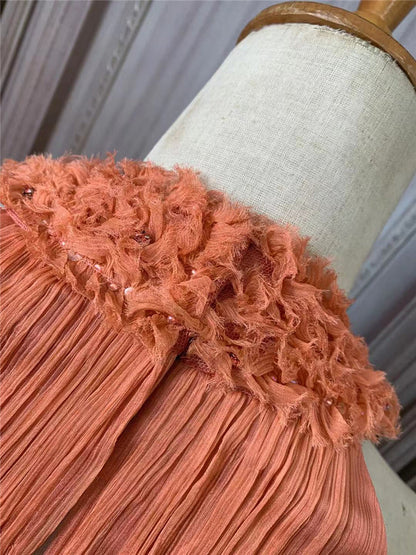 Classic Coral Orange Halter A-Line Crisscross Waist Pleated Chiffon Long Prom Dress Evening Dress P4729