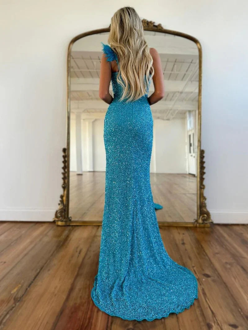 omberprom Mermaid Graduation Dresses One Shoulder Sequins Prom Dress With Slit