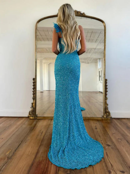omberprom Mermaid Graduation Dresses One Shoulder Sequins Prom Dress With Slit