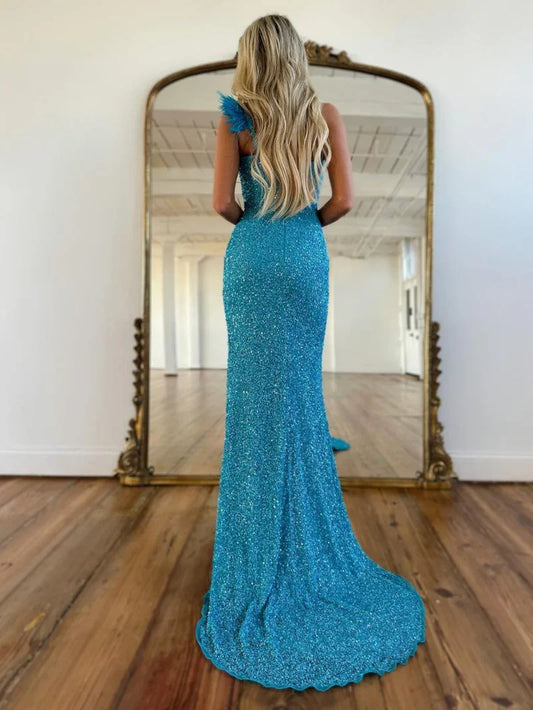 omberprom Mermaid Graduation Dresses One Shoulder Sequins Prom Dress With Slit