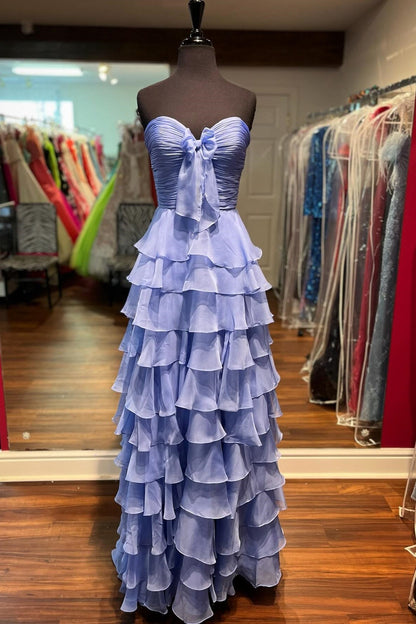 Pink Sweetheart Ruffle Tiered A-Line Prom Dress with Front Bow