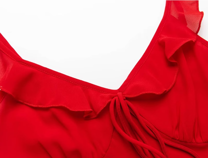 2025 Summer New Red Sexy Dress V-neck Date High-end Holiday Dress R0936