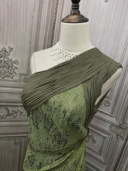 Elegant Green One-Shoulder Fitted Pleated Waist Lace Train Prom Dress Evening Dress P4731