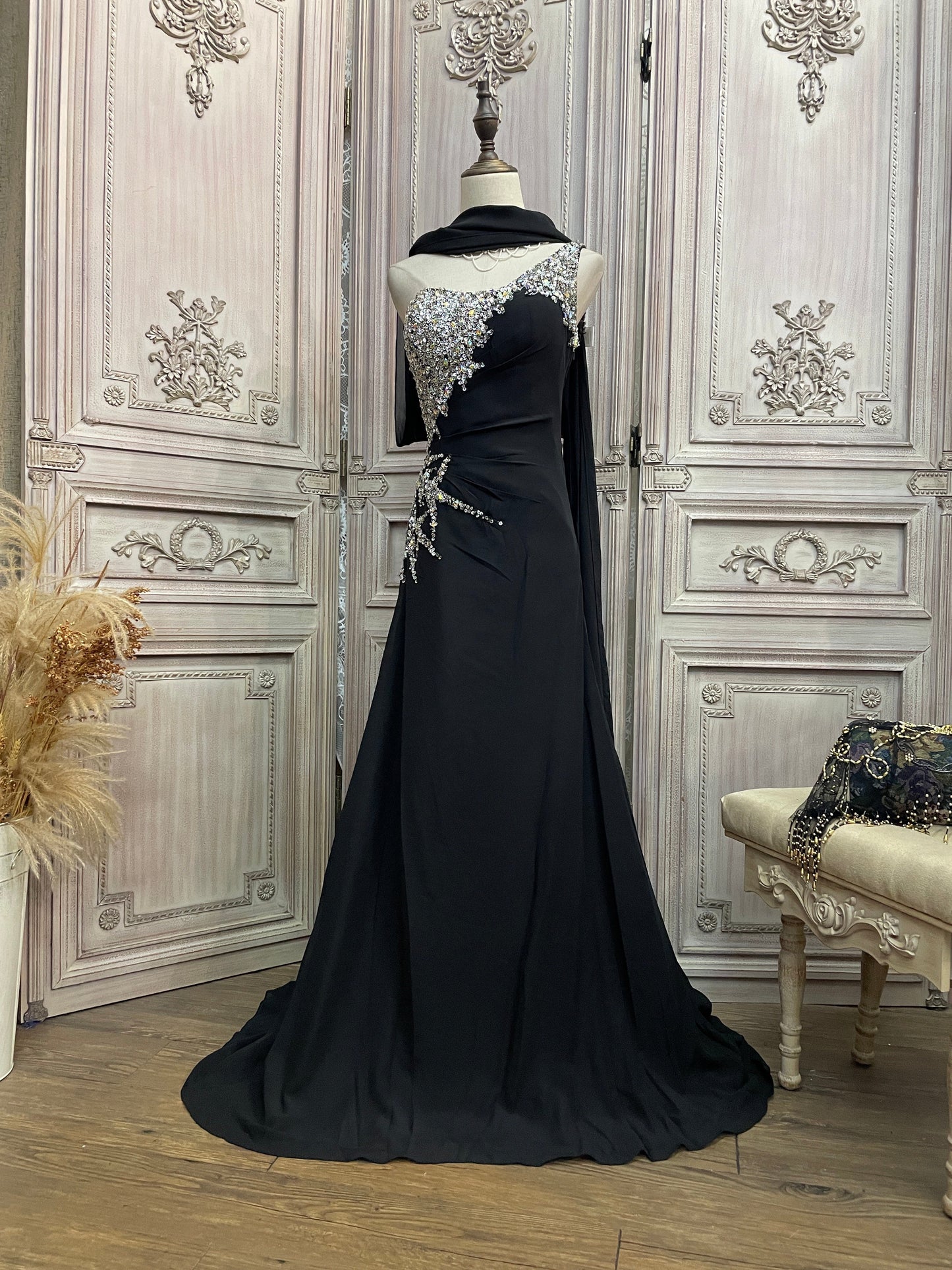 Elegant Black One-Shoulder Sequin Chiffon Train Prom Dress Evening Dress P4732