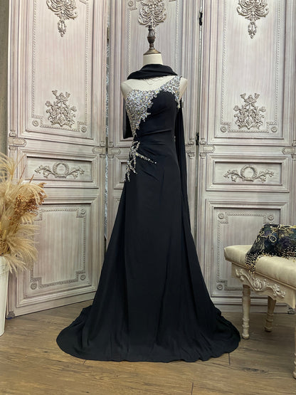 Elegant Black One-Shoulder Sequin Chiffon Train Prom Dress Evening Dress P4732