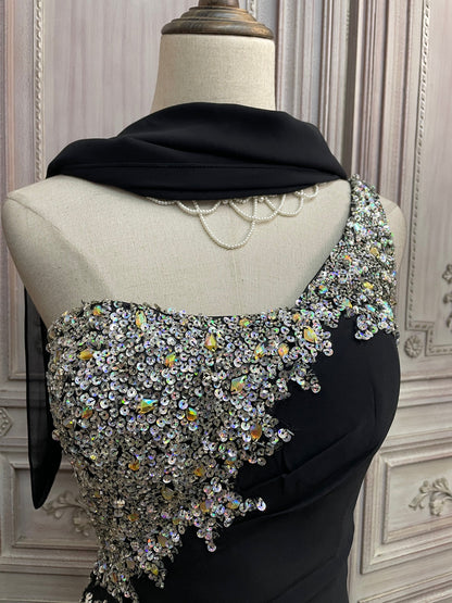 Elegant Black One-Shoulder Sequin Chiffon Train Prom Dress Evening Dress P4732