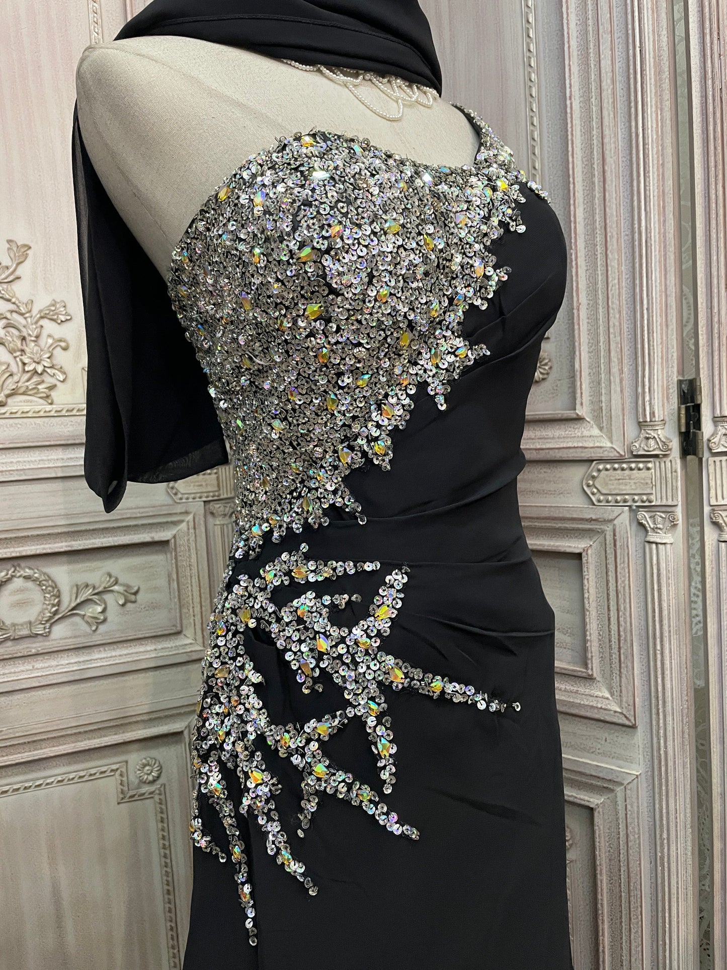 Elegant Black One-Shoulder Sequin Chiffon Train Prom Dress Evening Dress P4732