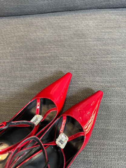HIGH SANDAL ATTACHED GEM IN RED GLOSSY CALFSKIN