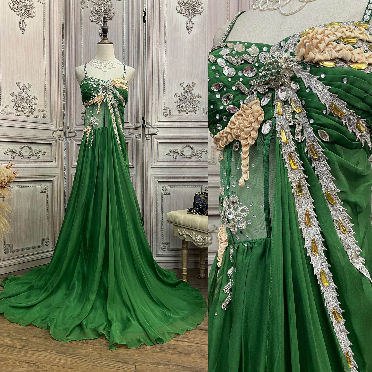 Gorgeous Green Spaghetti Strap Rhinestone Chiffon Train Prom Dress Evening Dress P4733