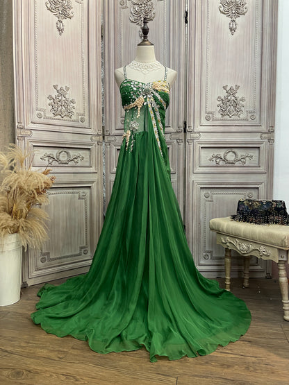 Gorgeous Green Spaghetti Strap Rhinestone Chiffon Train Prom Dress Evening Dress P4733