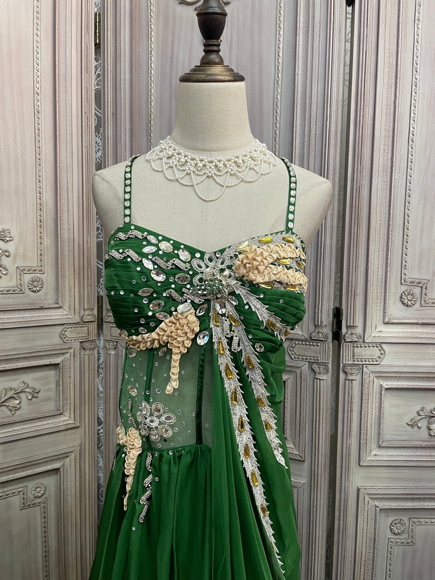 Gorgeous Green Spaghetti Strap Rhinestone Chiffon Train Prom Dress Evening Dress P4733