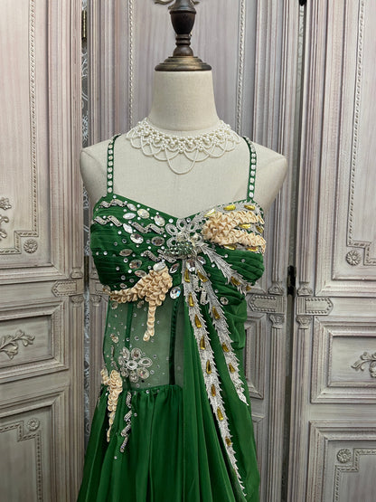 Gorgeous Green Spaghetti Strap Rhinestone Chiffon Train Prom Dress Evening Dress P4733