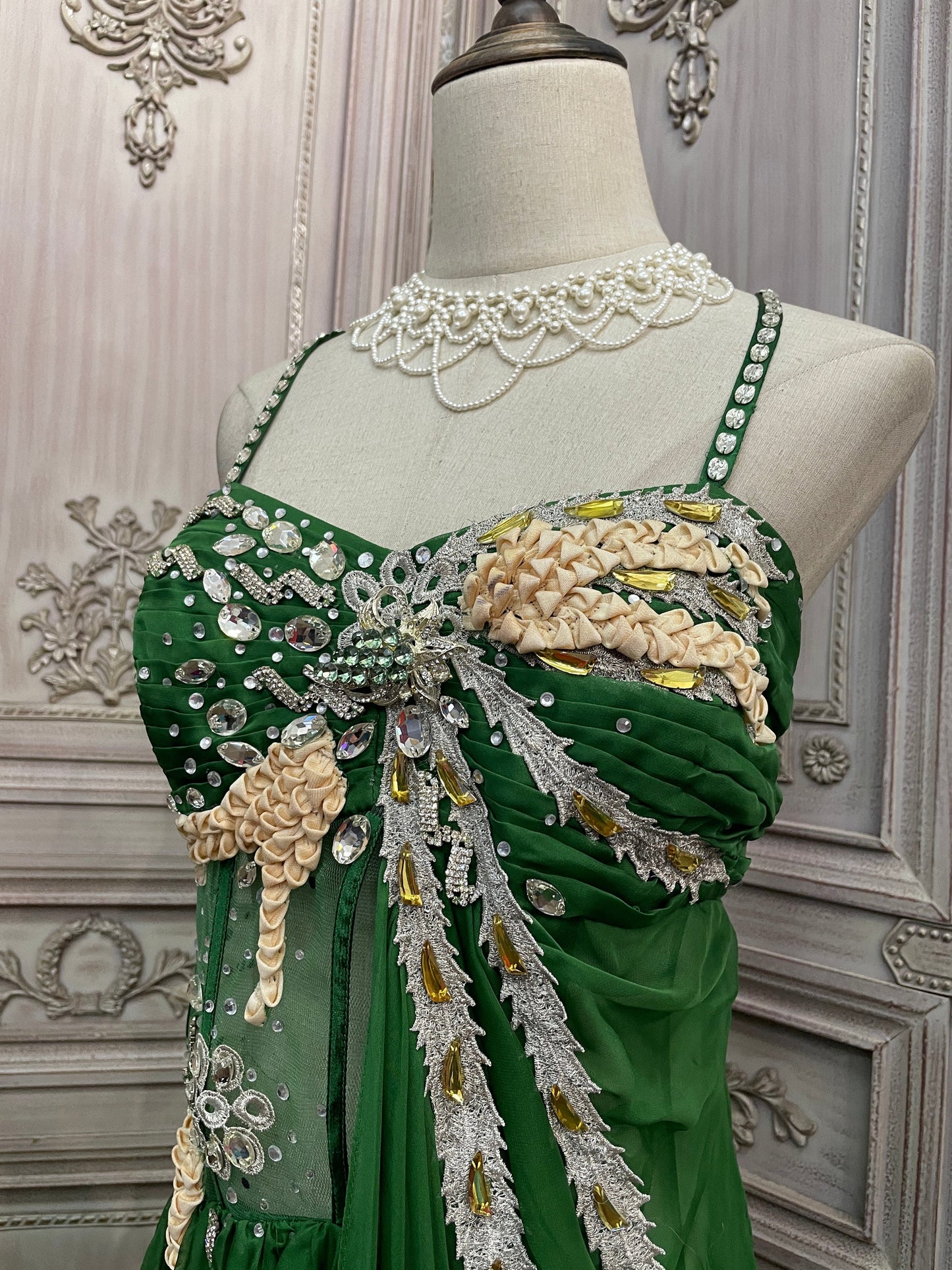 Gorgeous Green Spaghetti Strap Rhinestone Chiffon Train Prom Dress Evening Dress P4733
