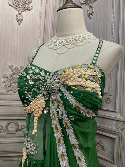 Gorgeous Green Spaghetti Strap Rhinestone Chiffon Train Prom Dress Evening Dress P4733