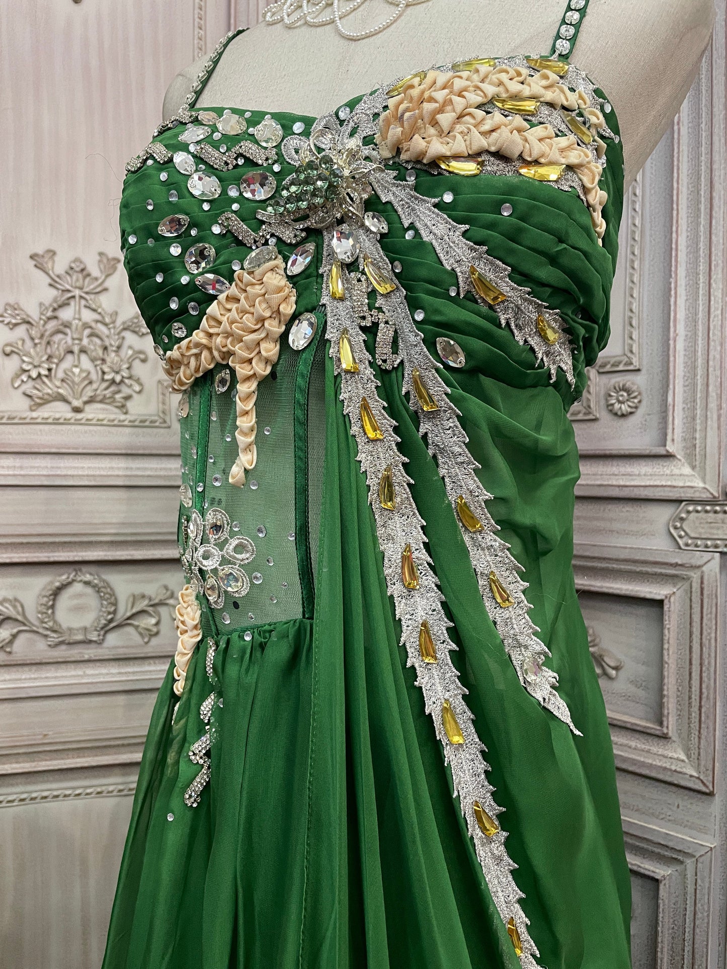 Gorgeous Green Spaghetti Strap Rhinestone Chiffon Train Prom Dress Evening Dress P4733
