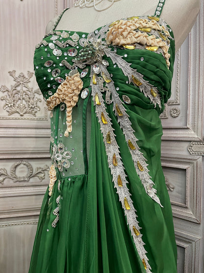 Gorgeous Green Spaghetti Strap Rhinestone Chiffon Train Prom Dress Evening Dress P4733