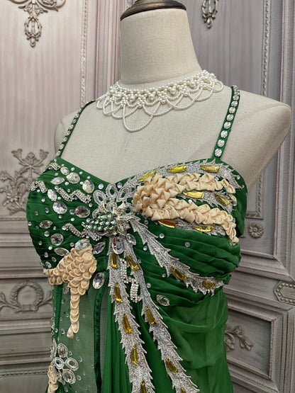 Gorgeous Green Spaghetti Strap Rhinestone Chiffon Train Prom Dress Evening Dress P4733