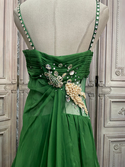 Gorgeous Green Spaghetti Strap Rhinestone Chiffon Train Prom Dress Evening Dress P4733