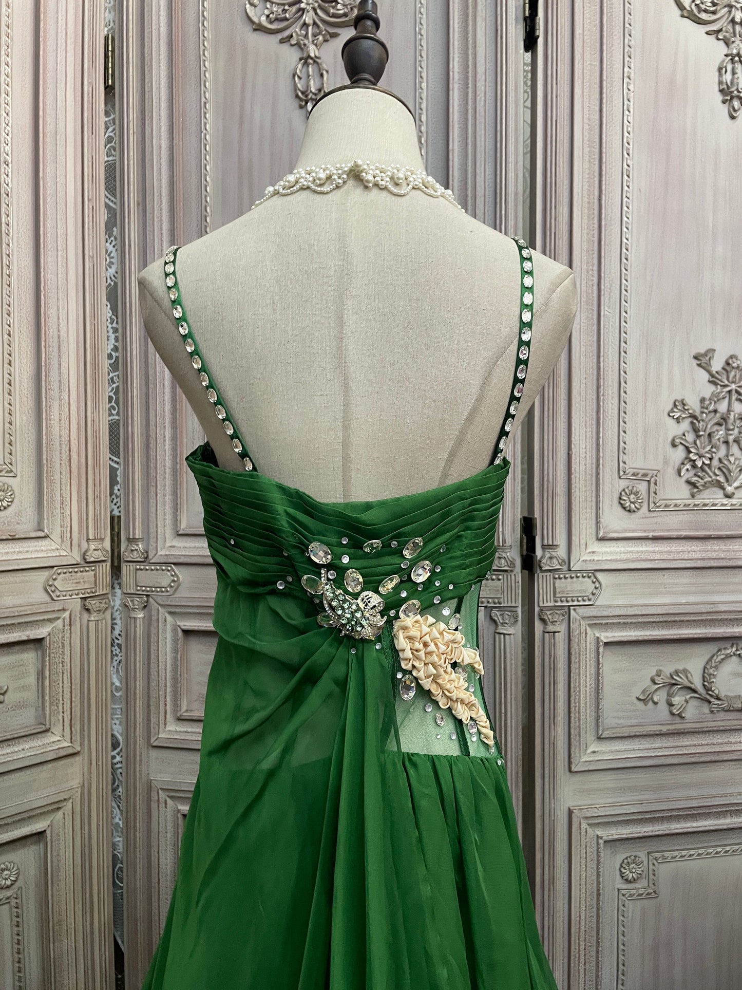 Gorgeous Green Spaghetti Strap Rhinestone Chiffon Train Prom Dress Evening Dress P4733
